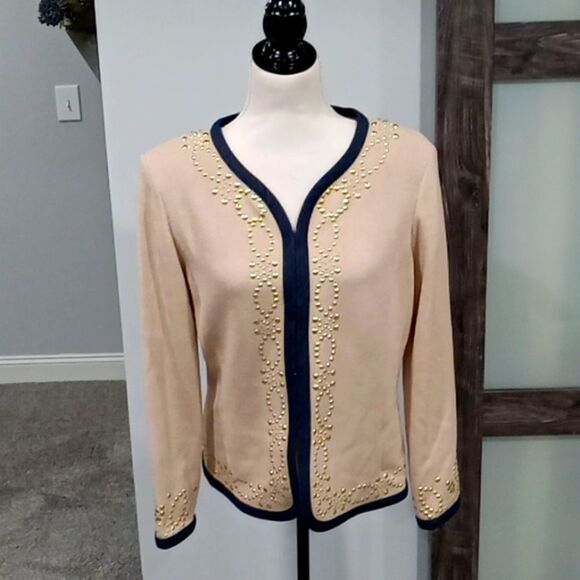 St John Collection classic beige w indigo blue trim cardigan/ jacket size 10 NWT - Picture 1 of 6